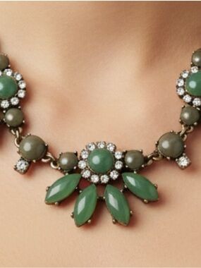 J. Crew Olive Green Floral Crystal Statement Necklace